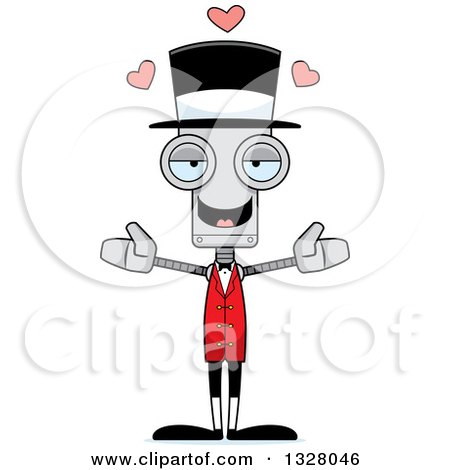 Clipart of a Cartoon Skinny Circus Ringmaster Robot with Open Arms and Hearts - Royalty Free Vector Illustration by Cory Thoman