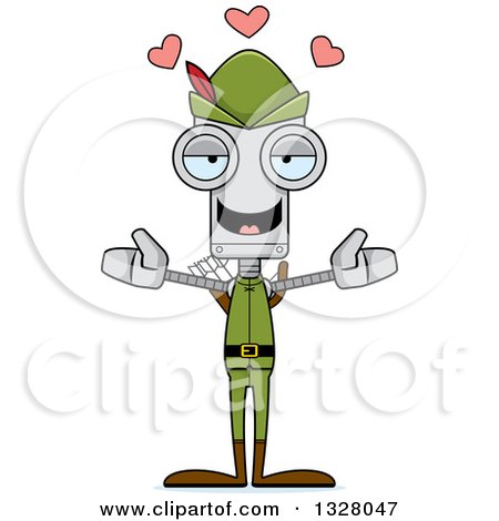 Clipart of a Cartoon Skinny Robin Hood Robot with Open Arms and Hearts - Royalty Free Vector Illustration by Cory Thoman