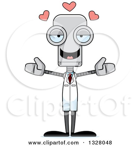 Clipart of a Cartoon Skinny Robot Scientist with Open Arms and Hearts - Royalty Free Vector Illustration by Cory Thoman