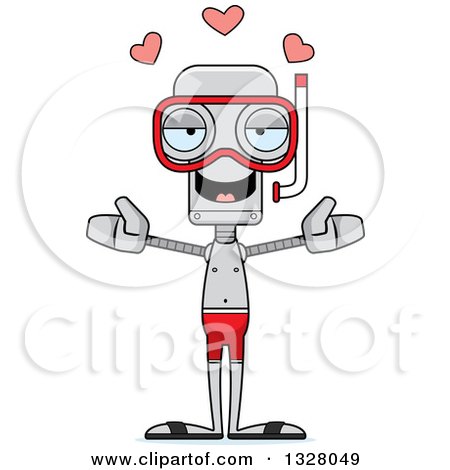 Clipart of a Cartoon Skinny Snorkel Robot with Open Arms and Hearts - Royalty Free Vector Illustration by Cory Thoman