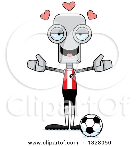 Clipart of a Cartoon Skinny Soccer Robot with Open Arms and Hearts - Royalty Free Vector Illustration by Cory Thoman