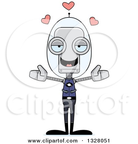 Clipart of a Cartoon Skinny Futuristic Space Robot with Open Arms and Hearts - Royalty Free Vector Illustration by Cory Thoman
