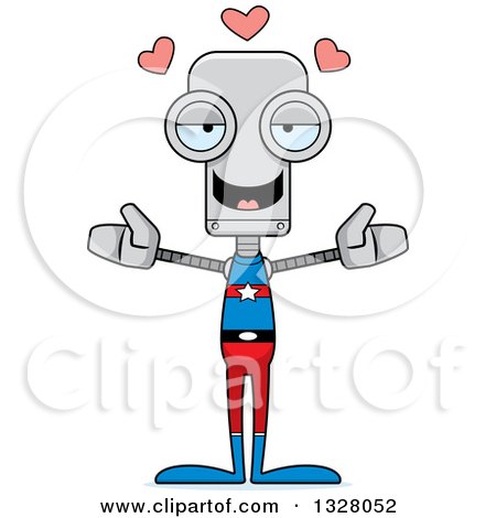 Clipart of a Cartoon Skinny Super Hero Robot with Open Arms and Hearts - Royalty Free Vector Illustration by Cory Thoman