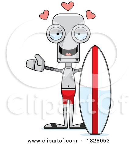 Clipart of a Cartoon Skinny Surfer Robot with Open Arms and Hearts - Royalty Free Vector Illustration by Cory Thoman