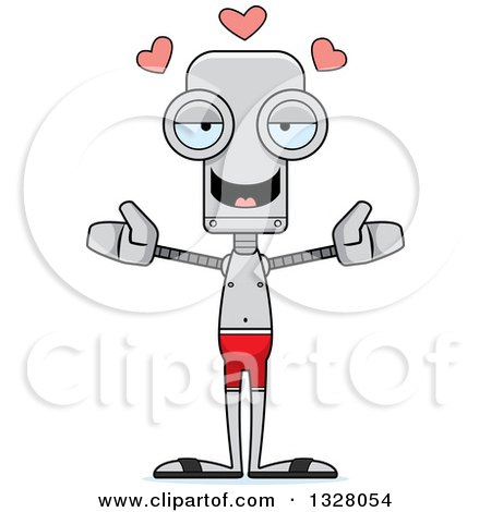 Clipart of a Cartoon Skinny Swimmer Robot with Open Arms and Hearts - Royalty Free Vector Illustration by Cory Thoman