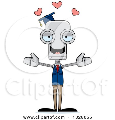 Clipart of a Cartoon Skinny Professor Robot with Open Arms and Hearts - Royalty Free Vector Illustration by Cory Thoman