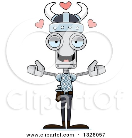 Clipart of a Cartoon Skinny Viking Robot with Open Arms and Hearts - Royalty Free Vector Illustration by Cory Thoman
