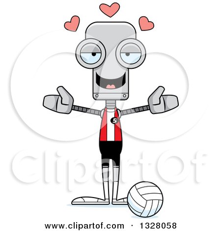 Clipart of a Cartoon Skinny Volleyball Robot with Open Arms and Hearts - Royalty Free Vector Illustration by Cory Thoman
