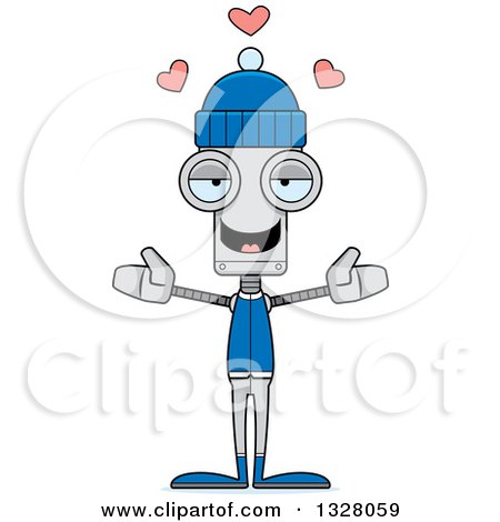 Clipart of a Cartoon Skinny Winter Robot with Open Arms and Hearts - Royalty Free Vector Illustration by Cory Thoman