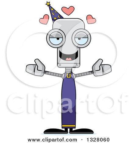 Clipart of a Cartoon Skinny Wizard Robot with Open Arms and Hearts - Royalty Free Vector Illustration by Cory Thoman