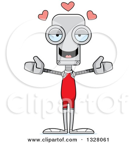 Clipart of a Cartoon Skinny Wrestler Robot with Open Arms and Hearts - Royalty Free Vector Illustration by Cory Thoman