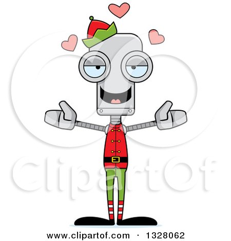 Clipart of a Cartoon Skinny Christmas Elf Robot with Open Arms and Hearts - Royalty Free Vector Illustration by Cory Thoman