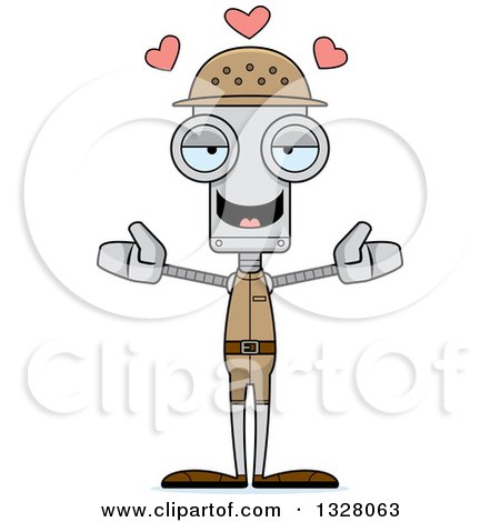 Clipart of a Cartoon Skinny Zookeeper Robot with Open Arms and Hearts - Royalty Free Vector Illustration by Cory Thoman