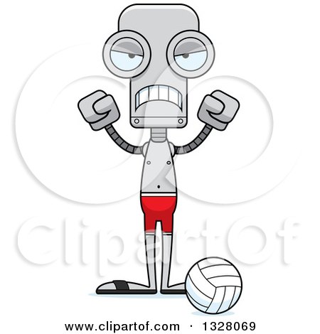 Clipart of a Cartoon Skinny Mad Robot Beach Volleyball Player - Royalty Free Vector Illustration by Cory Thoman