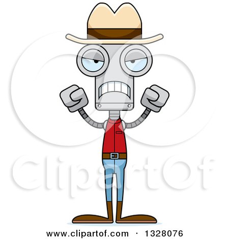 Clipart of a Cartoon Skinny Mad Cowboy Robot - Royalty Free Vector Illustration by Cory Thoman