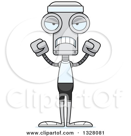 Clipart of a Cartoon Skinny Mad Fitness Robot - Royalty Free Vector Illustration by Cory Thoman