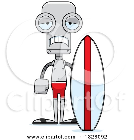 Clipart of a Cartoon Skinny Sad Robot Surfer - Royalty Free Vector Illustration by Cory Thoman