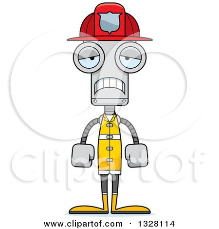 Clipart of a Cartoon Skinny Sad Robot Firefighter - Royalty Free Vector Illustration by Cory Thoman