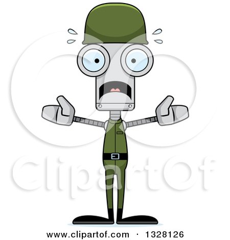 Clipart of a Cartoon Skinny Scared Soldier Robot - Royalty Free Vector Illustration by Cory Thoman