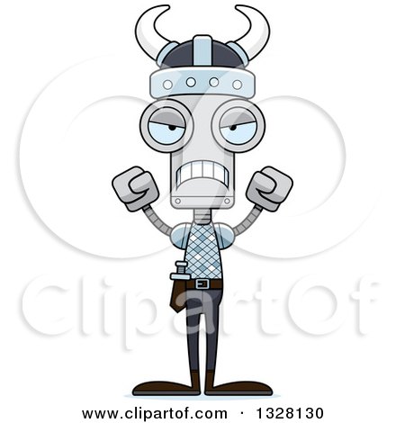 Clipart of a Cartoon Skinny Mad Viking Robot - Royalty Free Vector Illustration by Cory Thoman