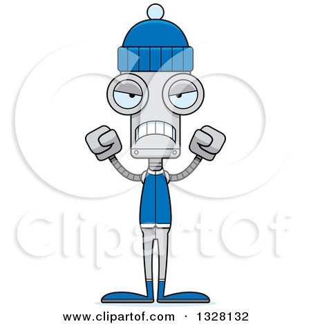 Clipart of a Cartoon Skinny Mad Winter Robot - Royalty Free Vector Illustration by Cory Thoman