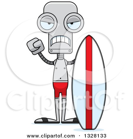 Clipart of a Cartoon Skinny Mad Robot Surfer - Royalty Free Vector Illustration by Cory Thoman