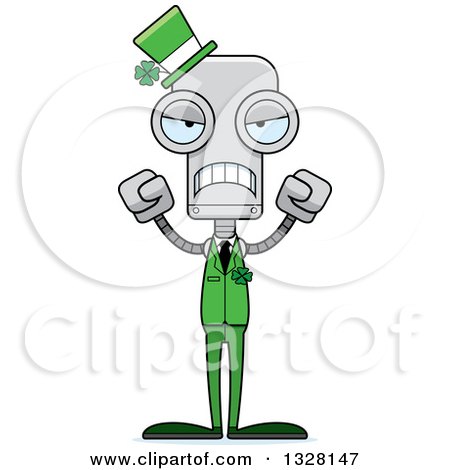 Clipart of a Cartoon Skinny Mad St Patricks Day Robot - Royalty Free Vector Illustration by Cory Thoman