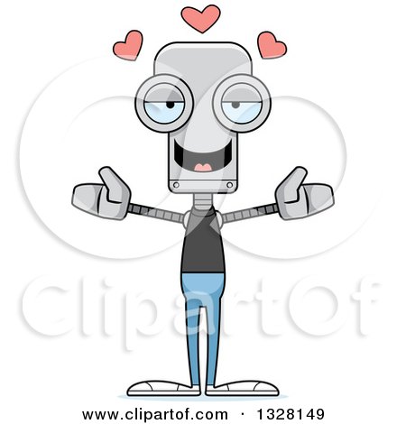 Clipart of a Cartoon Skinny Casual Robot with Open Arms and Hearts - Royalty Free Vector Illustration by Cory Thoman