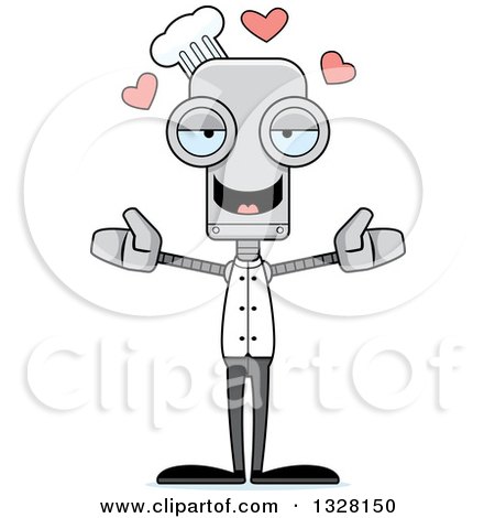 Clipart of a Cartoon Skinny Chef Robot with Open Arms and Hearts - Royalty Free Vector Illustration by Cory Thoman