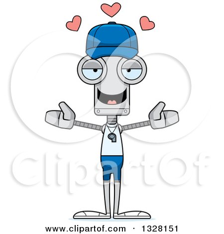 Clipart of a Cartoon Skinny Sports Coach Robot with Open Arms and Hearts - Royalty Free Vector Illustration by Cory Thoman