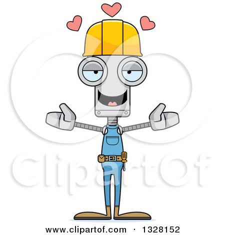 Clipart of a Cartoon Skinny Construction Worker Robot with Open Arms and Hearts - Royalty Free Vector Illustration by Cory Thoman