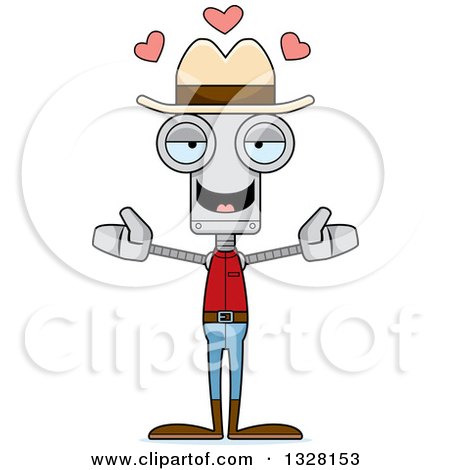 Clipart of a Cartoon Skinny Cowboy Robot with Open Arms and Hearts - Royalty Free Vector Illustration by Cory Thoman
