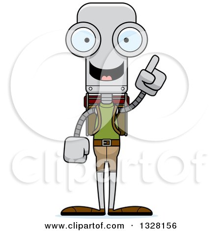 Clipart of a Cartoon Skinny Hiker Robot with an Idea - Royalty Free Vector Illustration by Cory Thoman