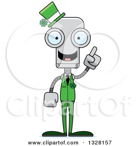 Clipart of a Cartoon Skinny Irish St Patricks Day Robot with an Idea - Royalty Free Vector Illustration by Cory Thoman