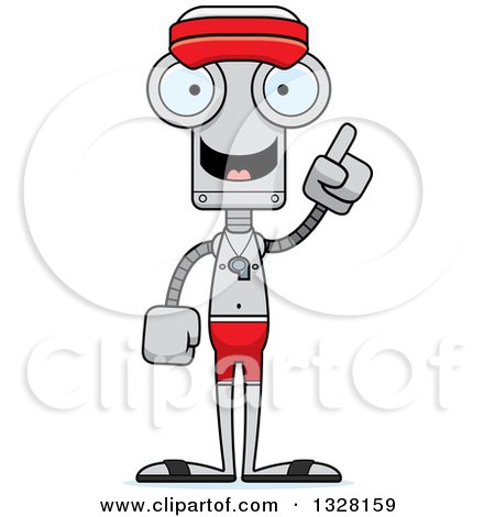 Clipart of a Cartoon Skinny Robot Lifeguard with an Idea - Royalty Free Vector Illustration by Cory Thoman