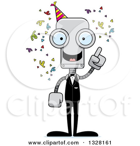 Clipart of a Cartoon Skinny Party Robot with an Idea - Royalty Free Vector Illustration by Cory Thoman