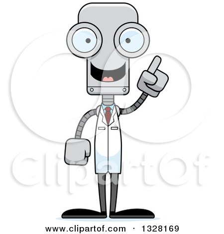 Clipart of a Cartoon Skinny Robot Scientist with an Idea - Royalty Free Vector Illustration by Cory Thoman