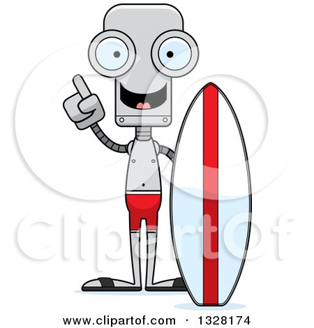 Clipart of a Cartoon Skinny Robot Surfer with an Idea - Royalty Free Vector Illustration by Cory Thoman