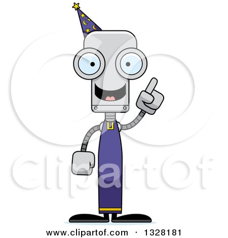 Clipart of a Cartoon Skinny Wizard Robot with an Idea - Royalty Free Vector Illustration by Cory Thoman