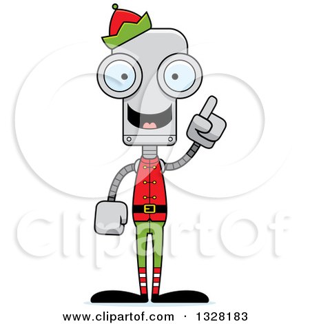 Clipart of a Cartoon Skinny Christmas Elf Robot with an Idea - Royalty Free Vector Illustration by Cory Thoman