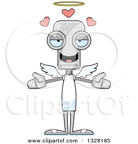 Clipart of a Cartoon Skinny Robot Angel with Open Arms and Hearts - Royalty Free Vector Illustration by Cory Thoman
