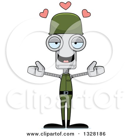 Clipart of a Cartoon Skinny Robot Soldier with Open Arms and Hearts - Royalty Free Vector Illustration by Cory Thoman