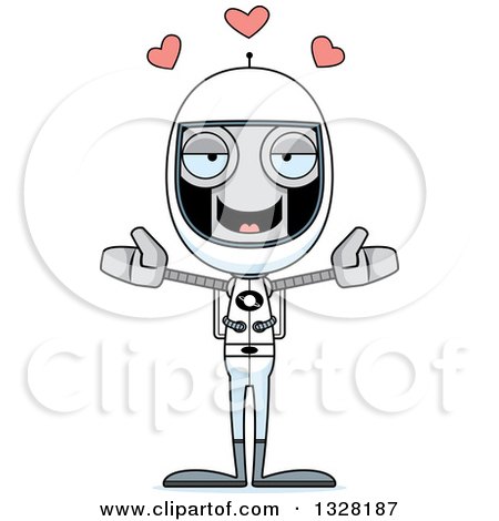 Clipart of a Cartoon Skinny Astronaut Robot with Open Arms and Hearts - Royalty Free Vector Illustration by Cory Thoman