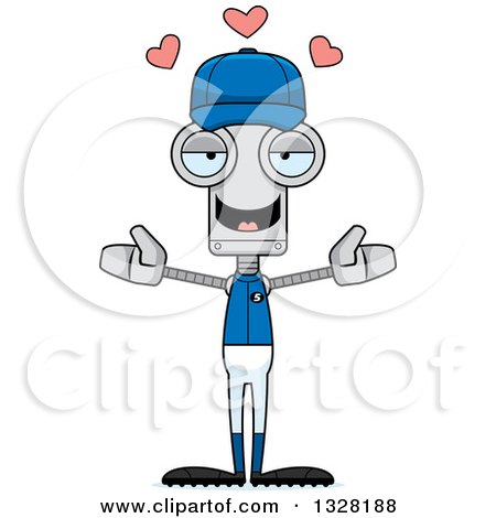 Clipart of a Cartoon Skinny Baseball Player Robot with Open Arms and Hearts - Royalty Free Vector Illustration by Cory Thoman