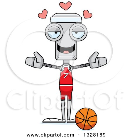 Clipart of a Cartoon Skinny Robot Basketball Player with Open Arms and Hearts - Royalty Free Vector Illustration by Cory Thoman