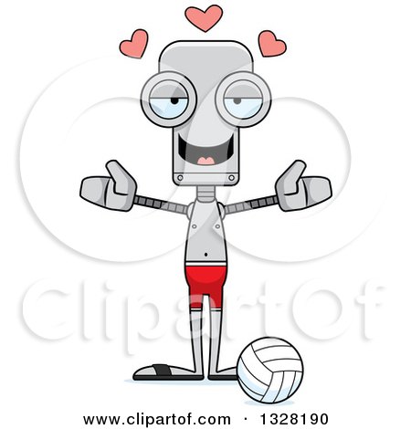 Clipart of a Cartoon Skinny Beach Volleyball Player Robot with Open Arms and Hearts - Royalty Free Vector Illustration by Cory Thoman