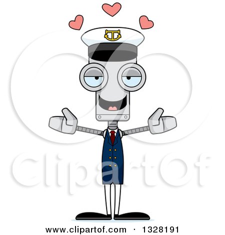 Clipart of a Cartoon Skinny Boat Captain Robot with Open Arms and Hearts - Royalty Free Vector Illustration by Cory Thoman
