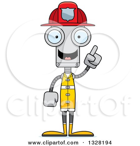 Clipart of a Cartoon Skinny Robot Firefighter with an Idea - Royalty Free Vector Illustration by Cory Thoman
