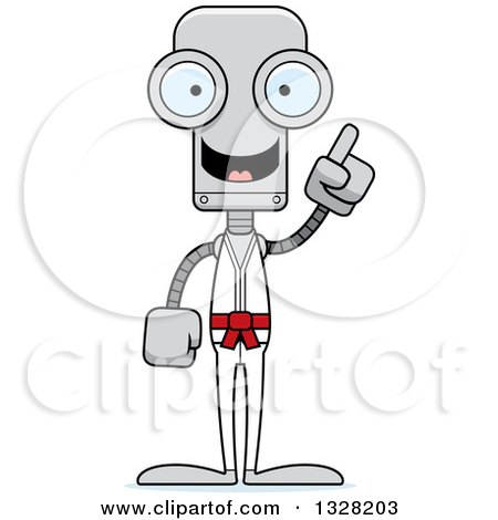 Clipart of a Cartoon Skinny Karate Robot with an Idea - Royalty Free Vector Illustration by Cory Thoman