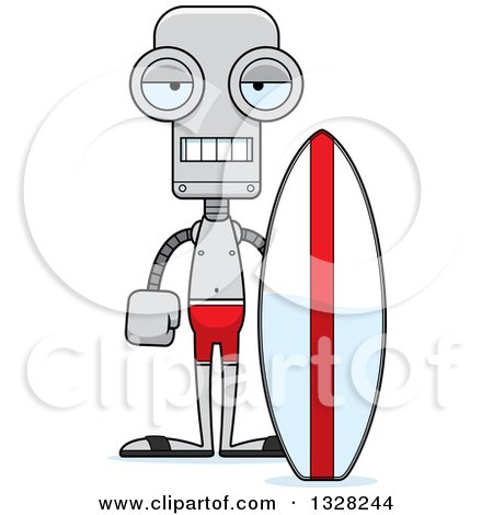 Clipart of a Cartoon Skinny Bored Robot Surfer - Royalty Free Vector Illustration by Cory Thoman